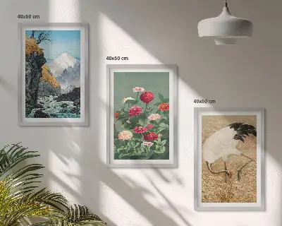 Nástenná galéria hory, krajina, rieka, kvety a žeriavy