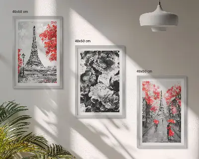 Nástenná galéria sivé maľby s motívom Eiffelovej veže