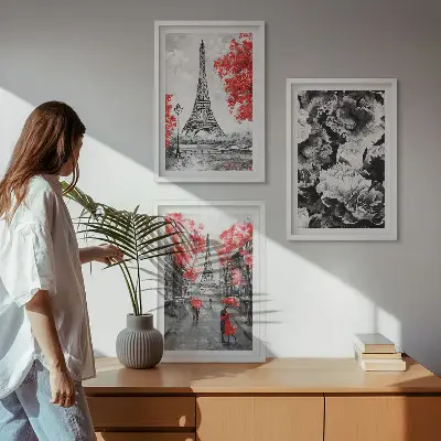 Nástenná galéria sivé maľby s motívom Eiffelovej veže