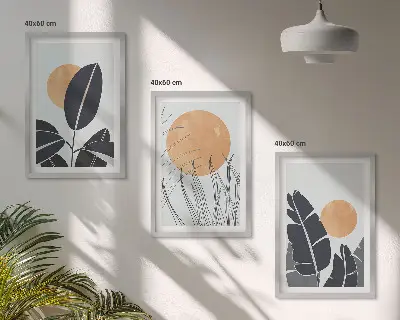 Sada nástenných dekorácií s rastlinnými vzormi a motívmi veľkých sĺnk v minimalistickom štýle
