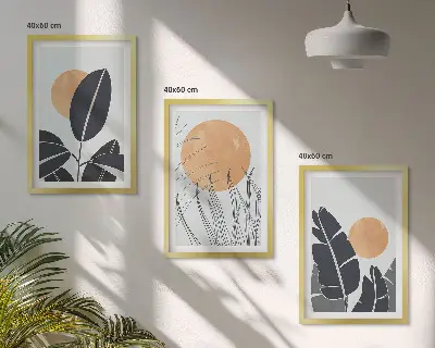 Sada nástenných dekorácií s rastlinnými vzormi a motívmi veľkých sĺnk v minimalistickom štýle