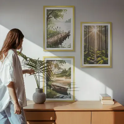 Sada nástenných dekorácií krajina lesa s jazerom a loďkou