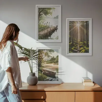 Sada nástenných dekorácií krajina lesa s jazerom a loďkou