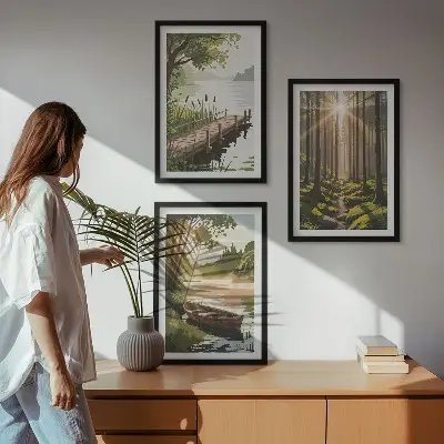 Sada nástenných dekorácií krajina lesa s jazerom a loďkou
