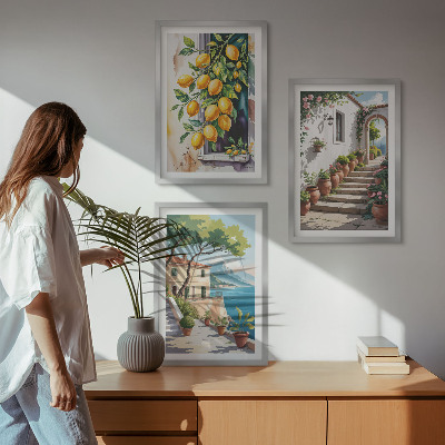 Sada nástenných dekorácií Citróny, kvety, výhľad na more