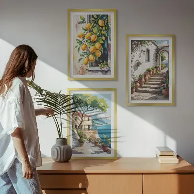 Sada nástenných dekorácií citróny, kvety a výhľad na more