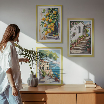 Sada nástenných dekorácií Citróny, kvety, výhľad na more