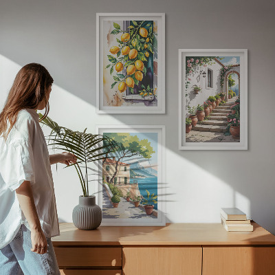 Sada nástenných dekorácií Citróny, kvety, výhľad na more