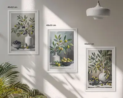 Sada nástenných dekorácií keramické olivy v sivej farbe