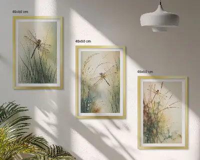 Sada nástenných dekorácií vážky a trávy nad vodou