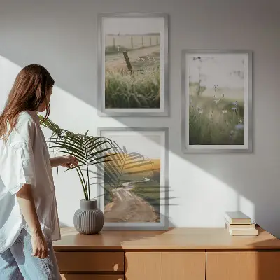 Sada nástenných dekorácií krajinná lúka pri ceste počas západu slnka