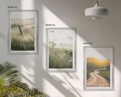 Sada nástenných dekorácií krajinná lúka pri ceste počas západu slnka