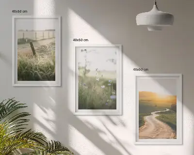 Sada nástenných dekorácií krajinná lúka pri ceste počas západu slnka