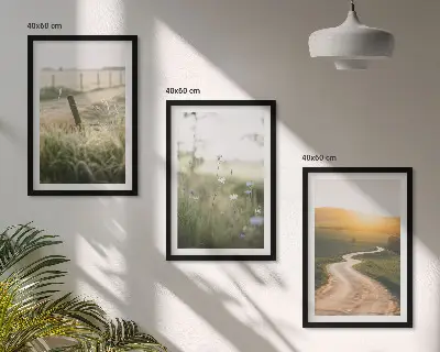 Sada nástenných dekorácií krajinná lúka pri ceste počas západu slnka