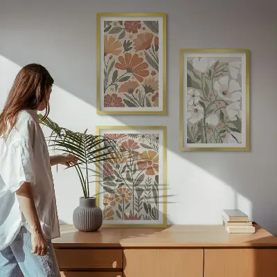 Sada nástenných dekorácií kvetinové vzory v oranžovej a zelenej farbe