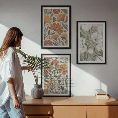 Sada nástenných dekorácií kvetinové vzory v oranžovej a zelenej farbe