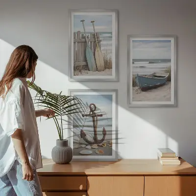 Sada nástenných dekorácií kotva na pláži s člnom a pieskom