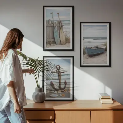 Sada nástenných dekorácií kotva na pláži s člnom a pieskom