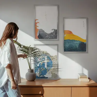 Sada nástenných dekorácií s motívom japonských grafických vĺn