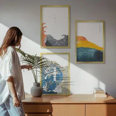 Sada nástenných dekorácií s motívom japonských grafických vĺn