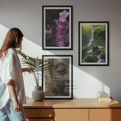 Sada nástenných dekorácií kvety s motívom vodopádu a zenovej budhovej skaly