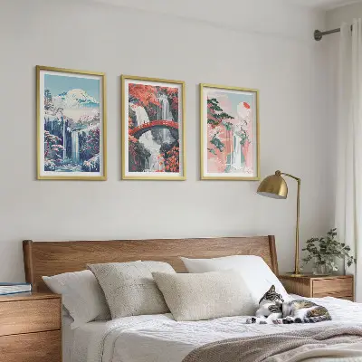 Sada nástenných dekorácií vodopády, hory, most a stromy