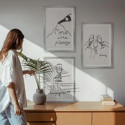 Sada nástenných dekorácií s motívom šampanského v štýle čiarovej grafiky