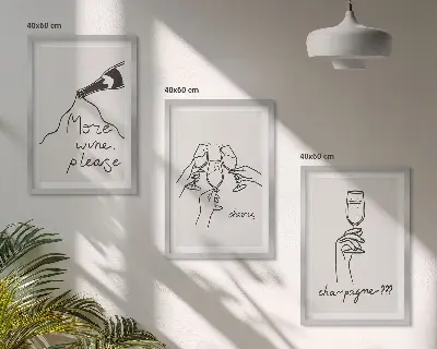 Sada nástenných dekorácií s motívom šampanského v štýle čiarovej grafiky