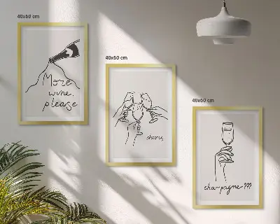 Sada nástenných dekorácií s motívom šampanského v štýle čiarovej grafiky