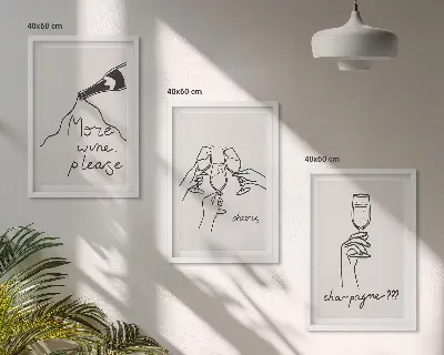 Sada nástenných dekorácií s motívom šampanského v štýle čiarovej grafiky