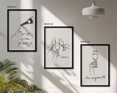 Sada nástenných dekorácií s motívom šampanského v štýle čiarovej grafiky