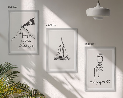 Sada nástenných dekorácií Pohár na víno s plachetnicou, čiarová grafika