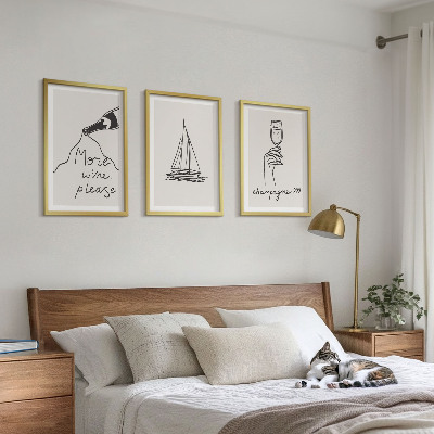 Sada nástenných dekorácií Pohár na víno s plachetnicou, čiarová grafika