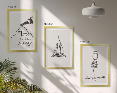 Sada nástenných dekorácií Pohár na víno s plachetnicou, čiarová grafika