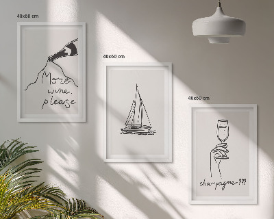 Sada nástenných dekorácií Pohár na víno s plachetnicou, čiarová grafika
