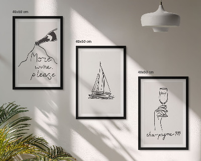 Sada nástenných dekorácií Pohár na víno s plachetnicou, čiarová grafika