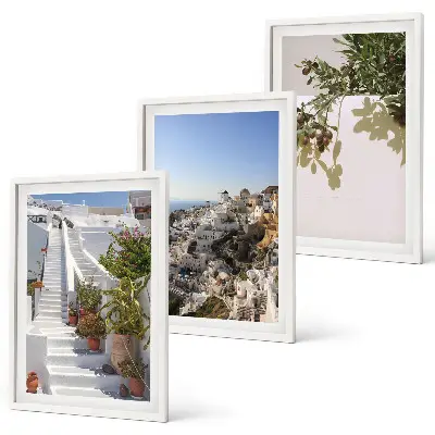 Sada nástenných dekorácií biele schody s výhľadom na Santorini