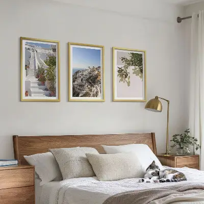 Sada nástenných dekorácií biele schody s výhľadom na Santorini
