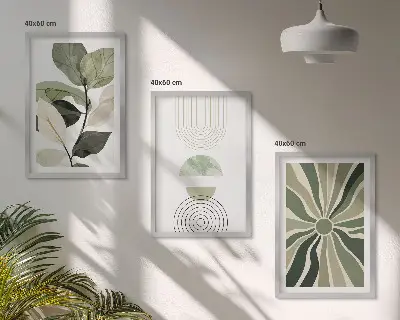Nástenná galéria s rastlinnými motívmi, geometriou a zeleňou
