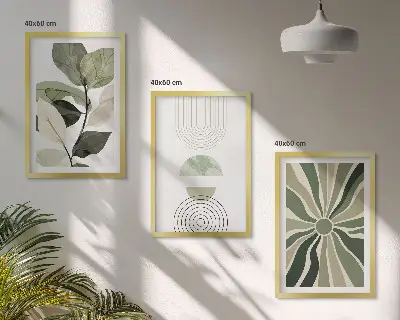 Nástenná galéria s rastlinnými motívmi, geometriou a zeleňou