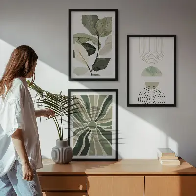 Nástenná galéria s rastlinnými motívmi, geometriou a zeleňou