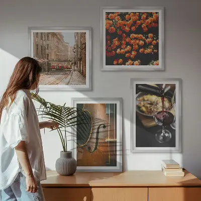 Zarámovaný set obrazov vintage kvety, pouličné víno a husle
