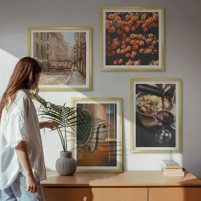 Zarámovaný set obrazov vintage kvety, pouličné víno a husle