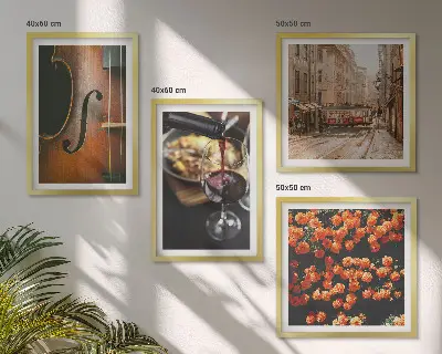 Zarámovaný set obrazov vintage kvety, pouličné víno a husle
