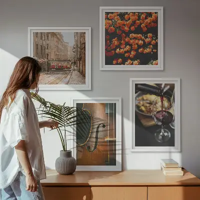 Zarámovaný set obrazov vintage kvety, pouličné víno a husle