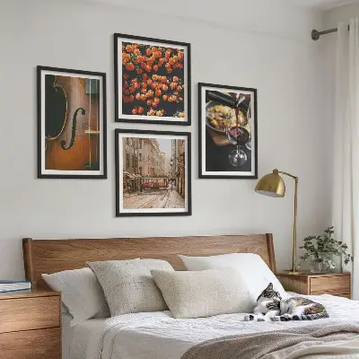 Zarámovaný set obrazov vintage kvety, pouličné víno a husle
