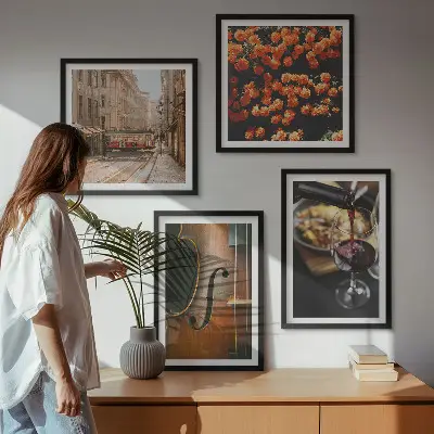Zarámovaný set obrazov vintage kvety, pouličné víno a husle