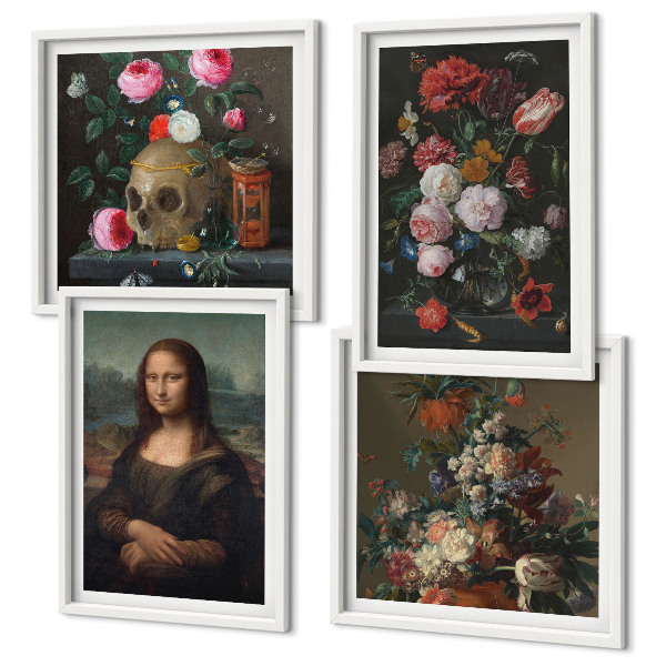 Zarámovaný set obrazov Vintage kvety lebka Mona Lisa