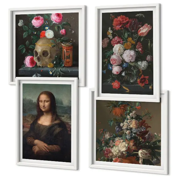 Zarámovaný set obrazov Vintage kvety lebka Mona Lisa zarámovaná sada obrazov
