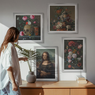 Zarámovaný set obrazov Vintage kvety lebka Mona Lisa